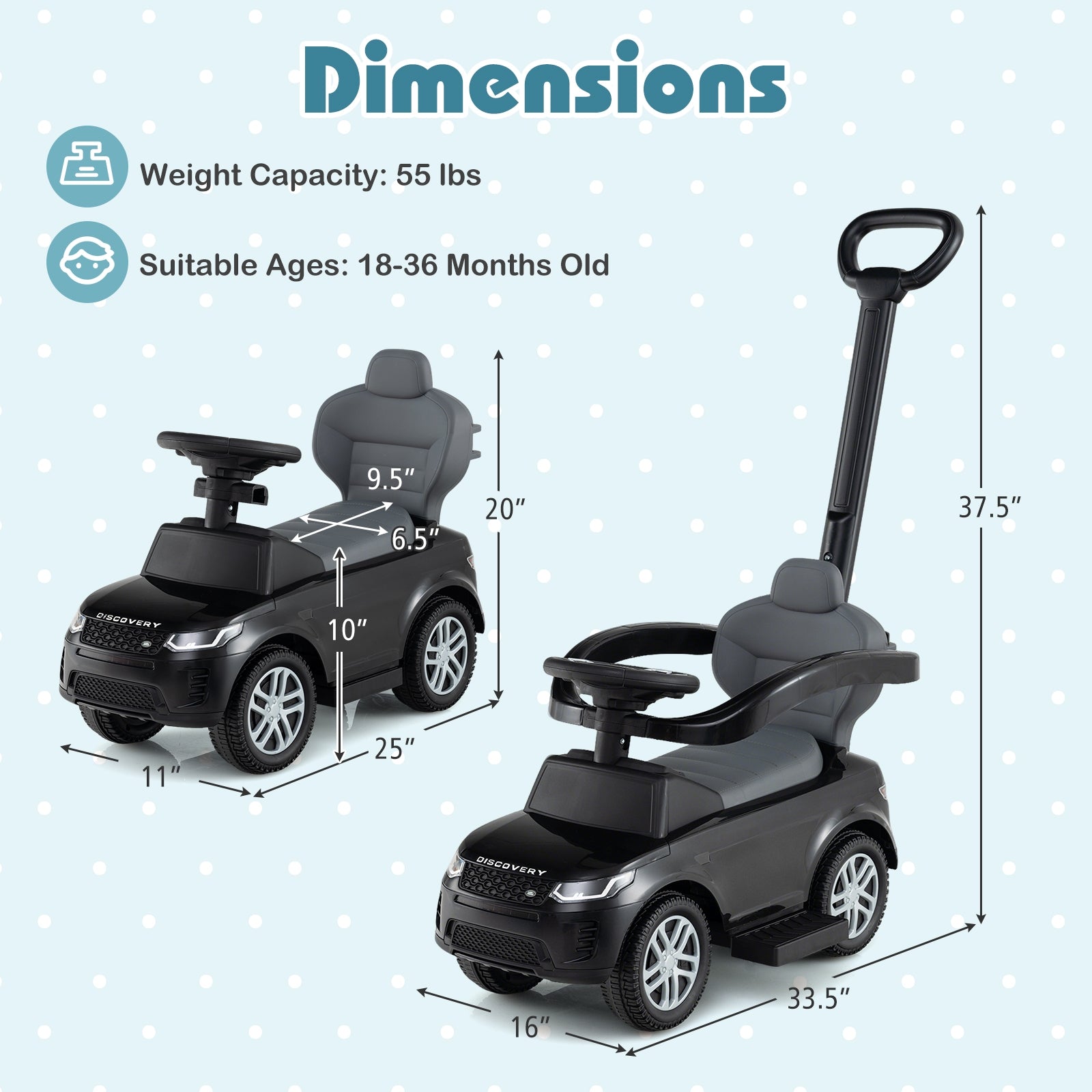 3 In 1 Push Car With Removable Handle, Guardrail, 18-36 Months, Black Push & Pedal Ride On Toys at Gallery Canada