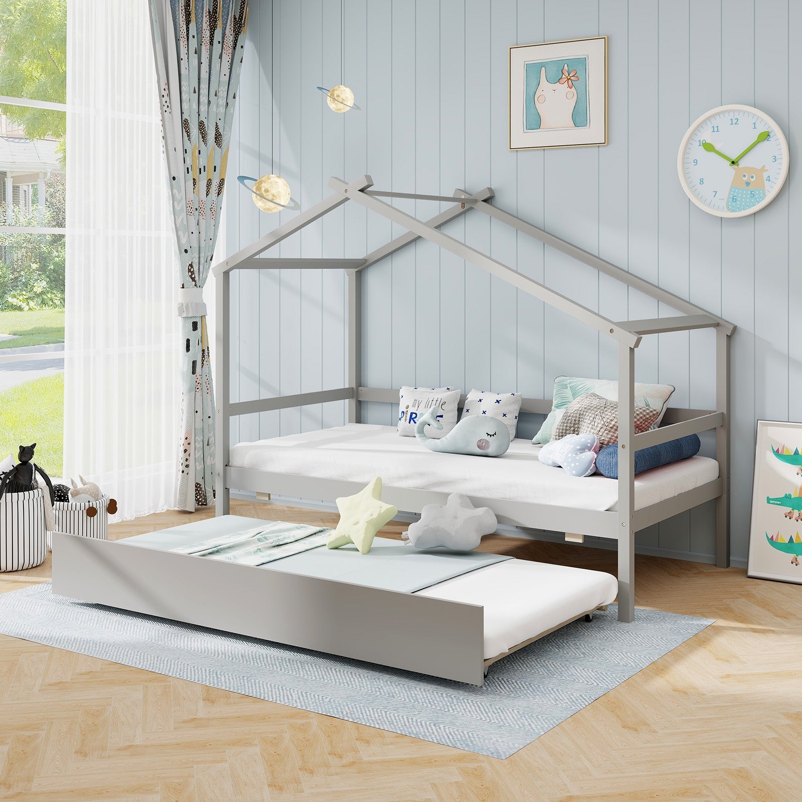 Twin Size Kids House Bed With Trundle And Roof, Gray Trundle Bed Frame at Gallery Canada