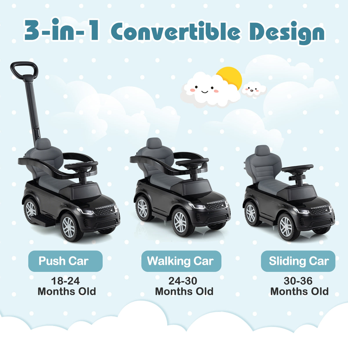 3 In 1 Push Car With Removable Handle, Guardrail, 18-36 Months, Black Push & Pedal Ride On Toys at Gallery Canada