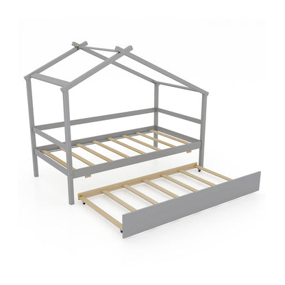 Twin Size Kids House Bed With Trundle And Roof, Gray Trundle Bed Frame at Gallery Canada