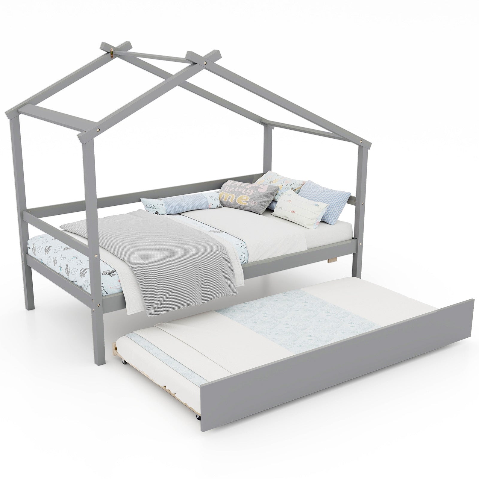 Twin Size Kids House Bed With Trundle And Roof, Gray Trundle Bed Frame at Gallery Canada