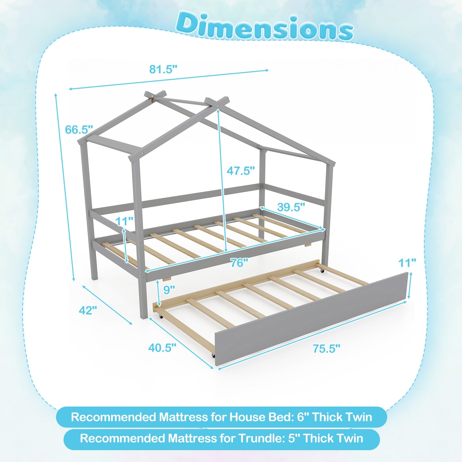 Twin Size Kids House Bed With Trundle And Roof, Gray Trundle Bed Frame at Gallery Canada