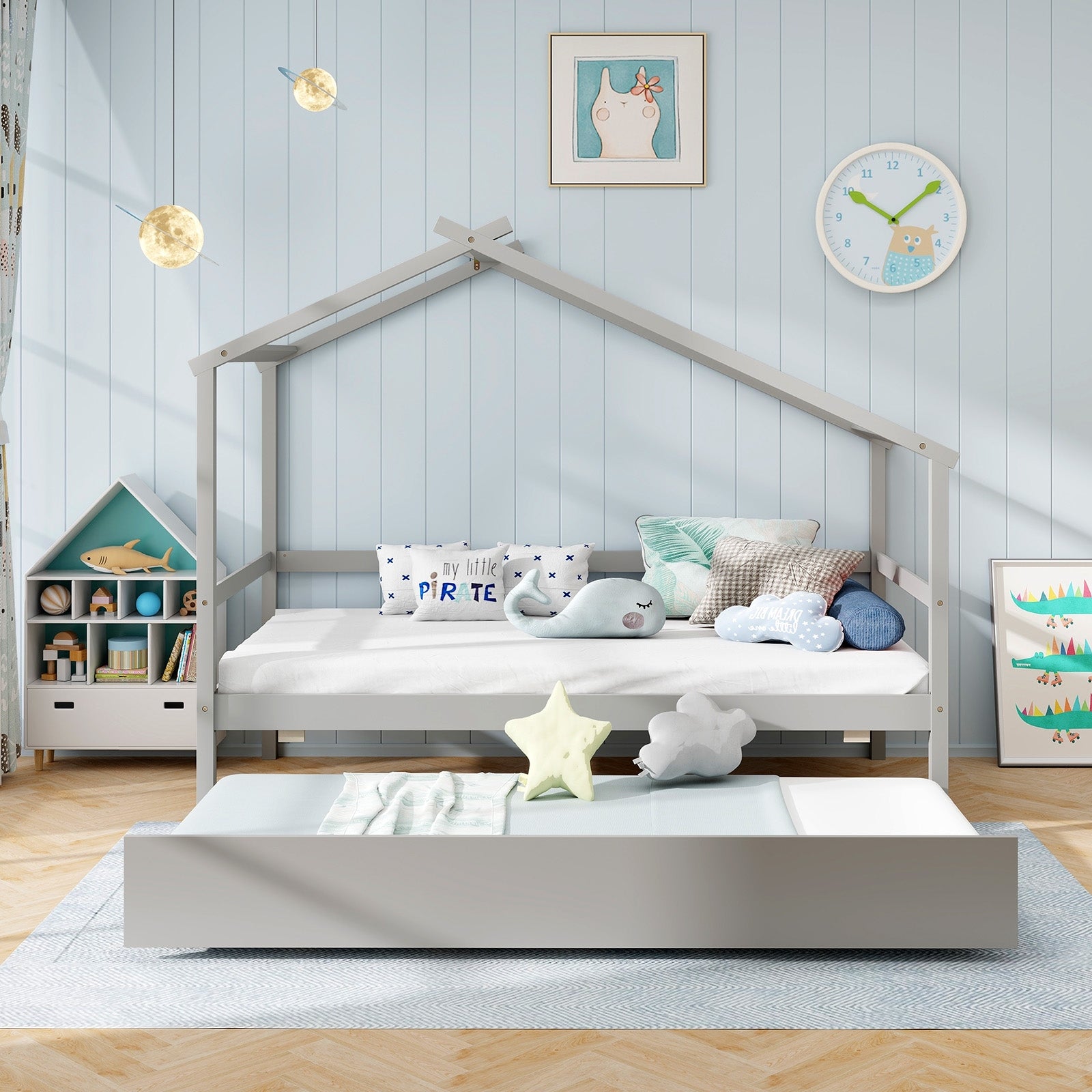 Twin Size Kids House Bed With Trundle And Roof, Gray Trundle Bed Frame at Gallery Canada