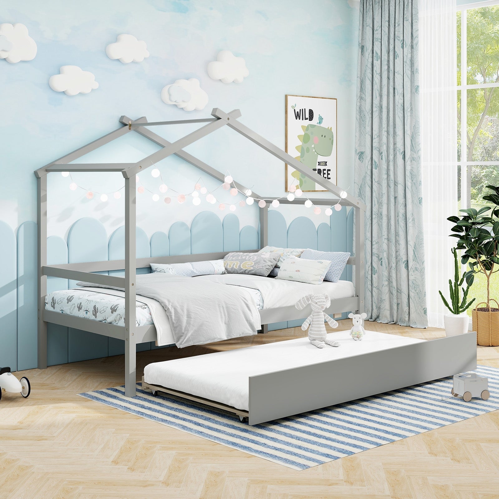 Twin Size Kids House Bed With Trundle And Roof, Gray Trundle Bed Frame at Gallery Canada