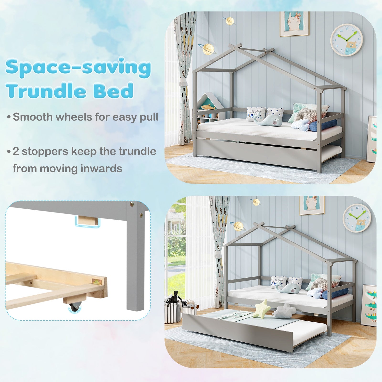Twin Size Kids House Bed With Trundle And Roof, Gray Trundle Bed Frame at Gallery Canada