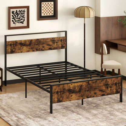 Full Metal Bed Frame, Wooden Headboard, Full Size, Rustic Brown Simple Bed Frame at Gallery Canada