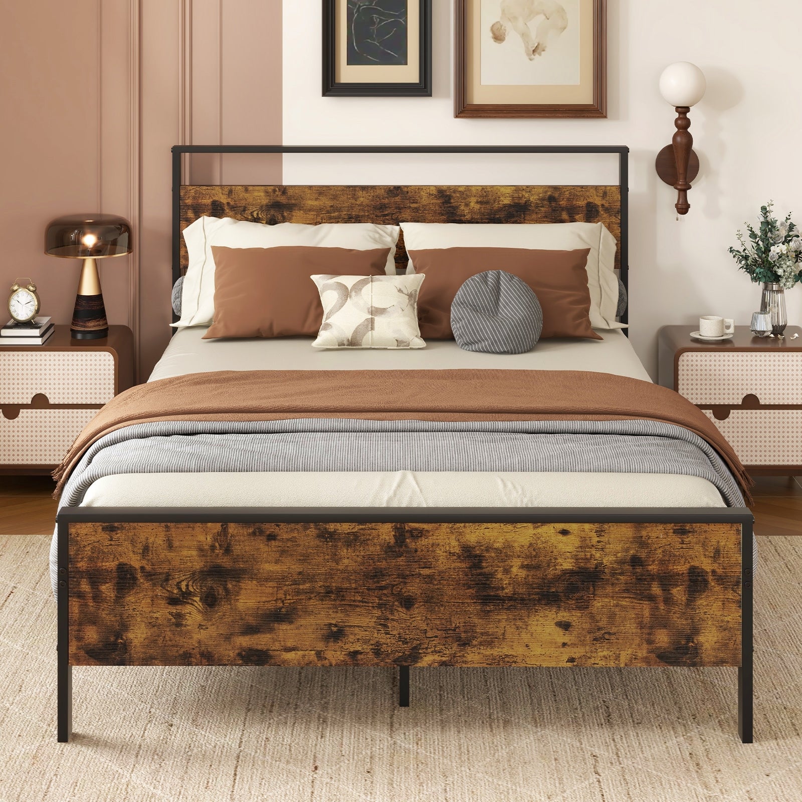 Full Metal Bed Frame, Wooden Headboard, Full Size, Rustic Brown Simple Bed Frame at Gallery Canada