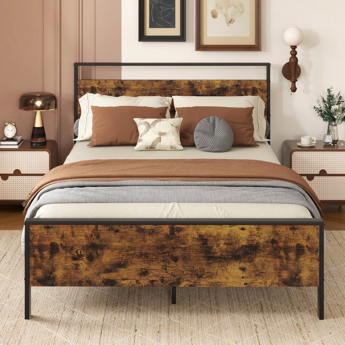 Full Metal Bed Frame, Wooden Headboard, Full Size, Rustic Brown Simple Bed Frame at Gallery Canada