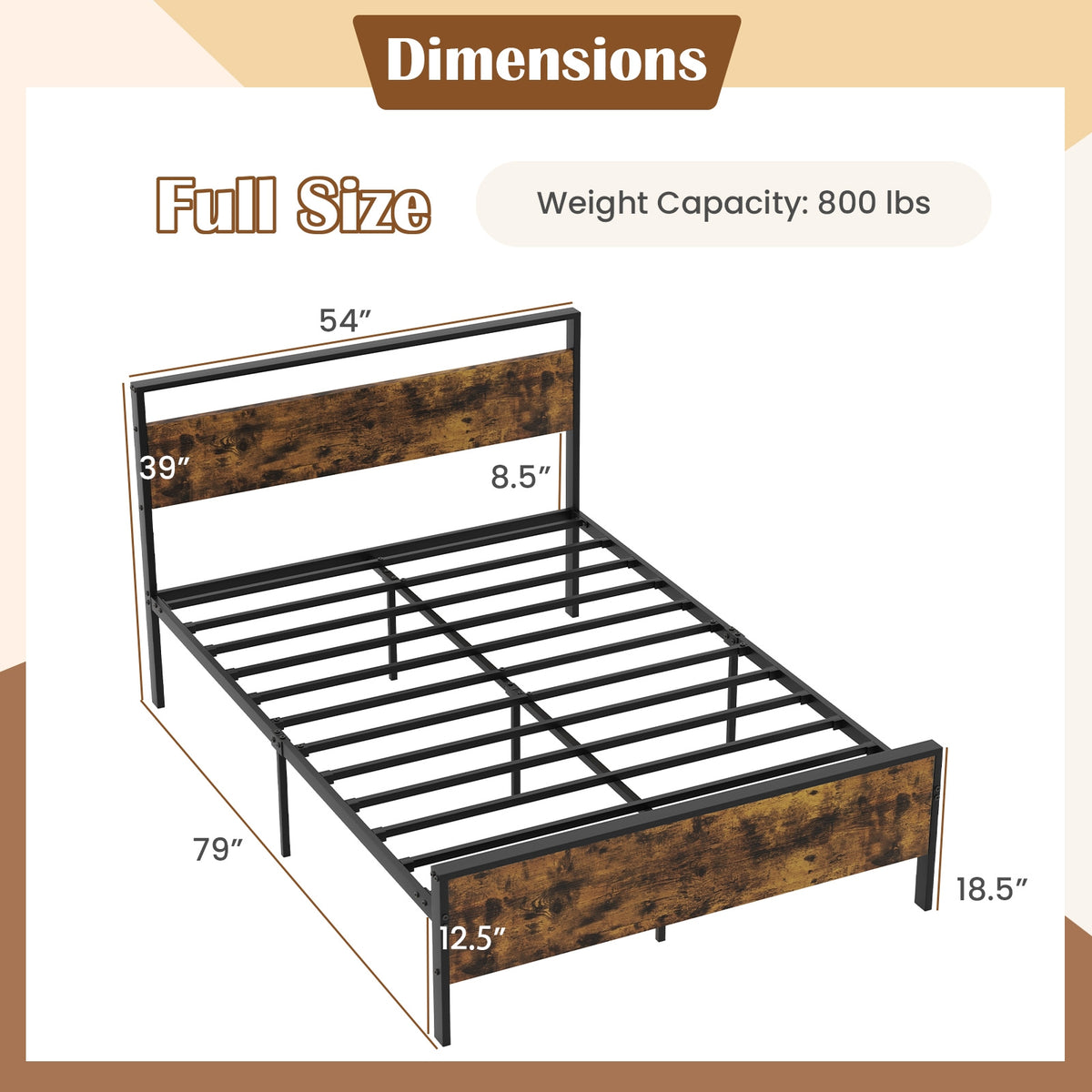 Full Metal Bed Frame, Wooden Headboard, Full Size, Rustic Brown Simple Bed Frame at Gallery Canada
