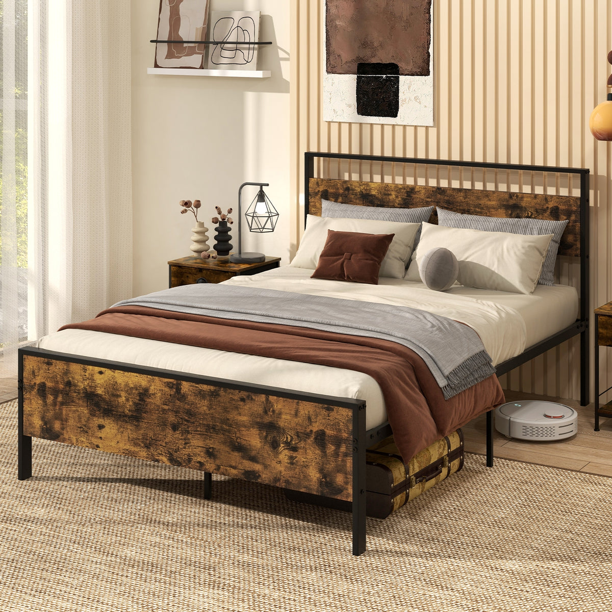 Full Metal Bed Frame, Wooden Headboard, Full Size, Rustic Brown Simple Bed Frame at Gallery Canada