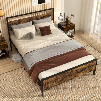 Full Metal Bed Frame, Wooden Headboard, Full Size, Rustic Brown Simple Bed Frame at Gallery Canada
