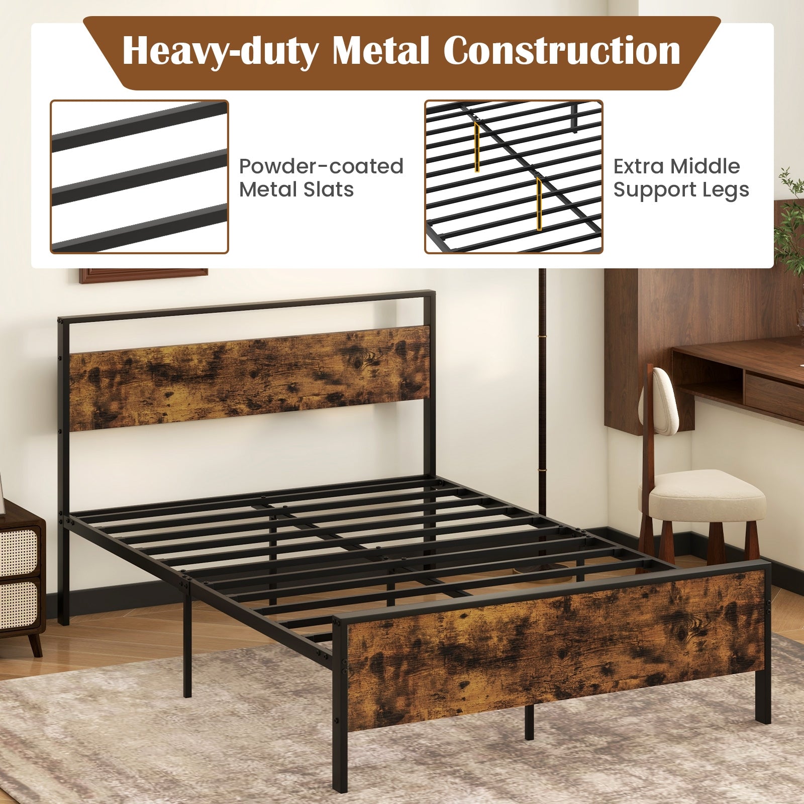 Full Metal Bed Frame, Wooden Headboard, Full Size, Rustic Brown Simple Bed Frame at Gallery Canada