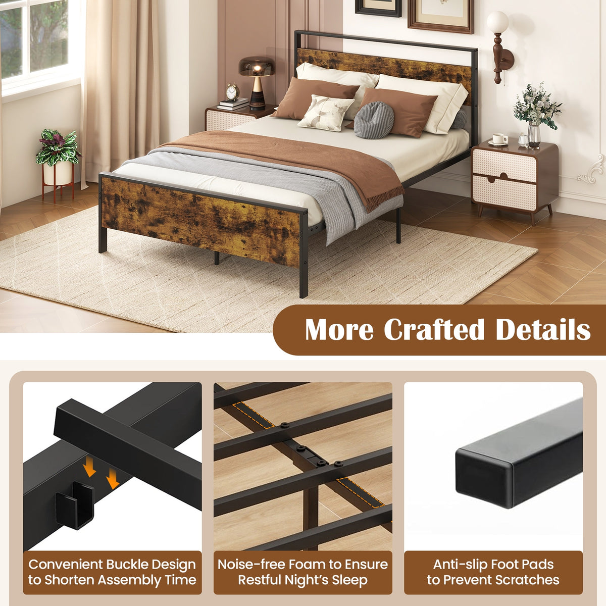 Full Metal Bed Frame, Wooden Headboard, Full Size, Rustic Brown Simple Bed Frame at Gallery Canada