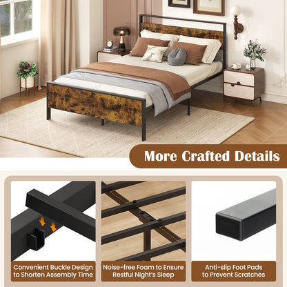 Full Metal Bed Frame, Wooden Headboard, Full Size, Rustic Brown Simple Bed Frame at Gallery Canada