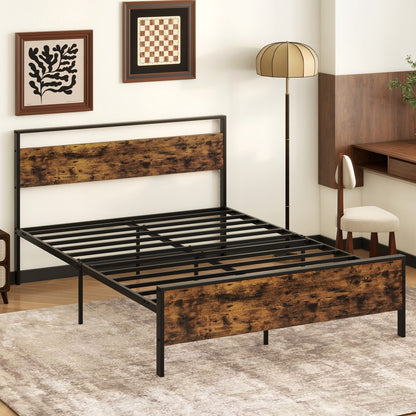 Queen Metal Bed Frame, Wooden Headboard, Rustic Brown Simple Bed Frame at Gallery Canada