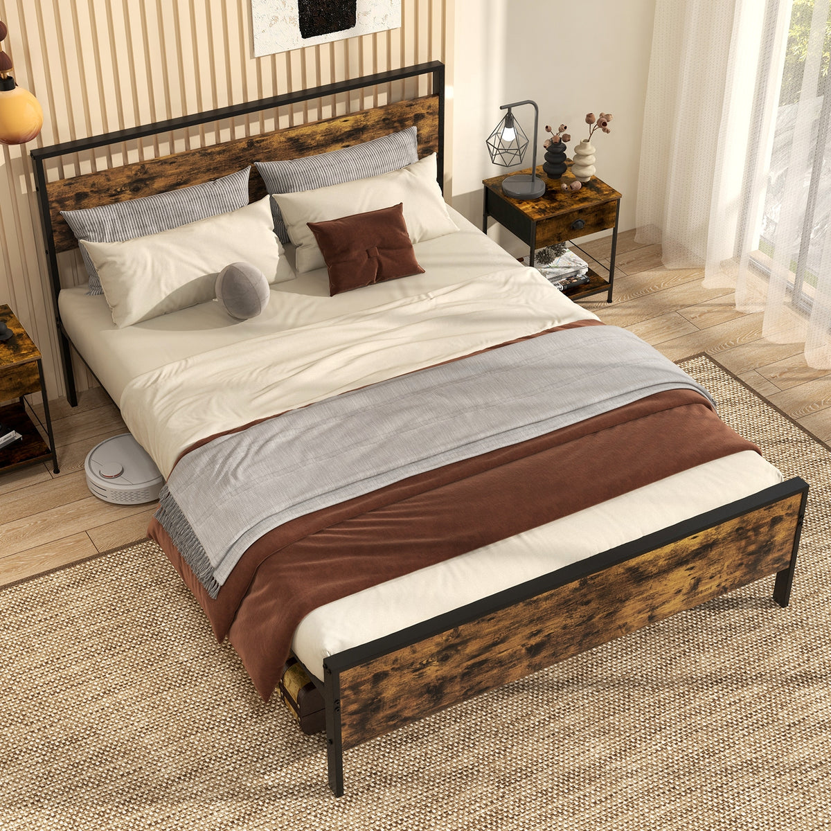 Queen Metal Bed Frame, Wooden Headboard, Rustic Brown Simple Bed Frame at Gallery Canada