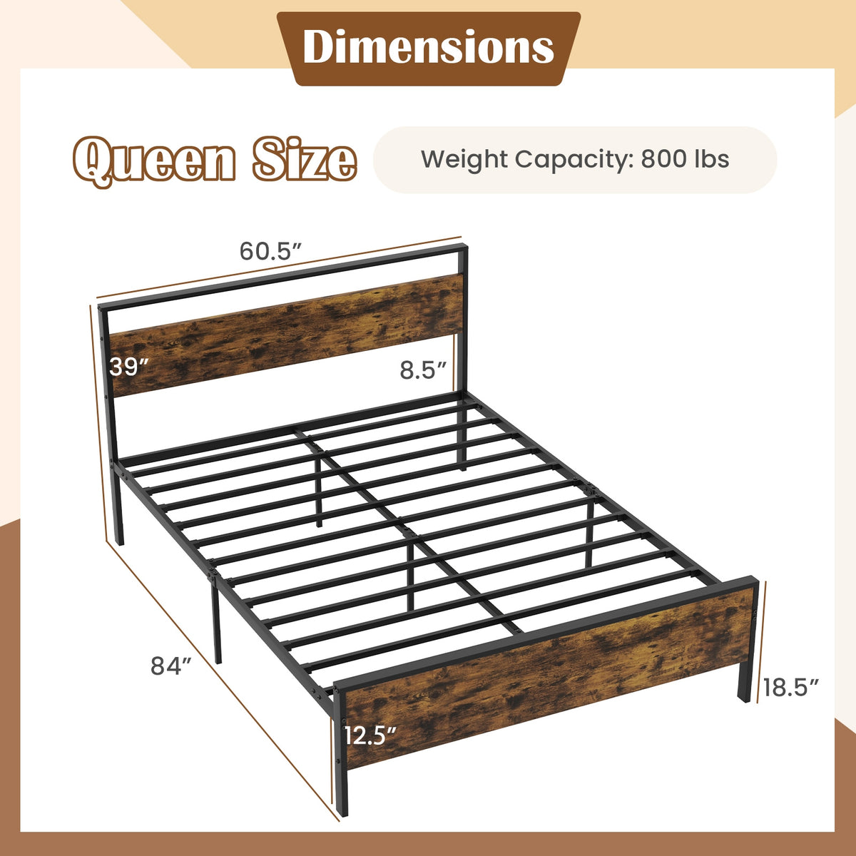 Queen Metal Bed Frame, Wooden Headboard, Rustic Brown Simple Bed Frame at Gallery Canada
