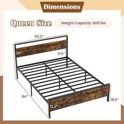 Queen Metal Bed Frame, Wooden Headboard, Rustic Brown Simple Bed Frame at Gallery Canada