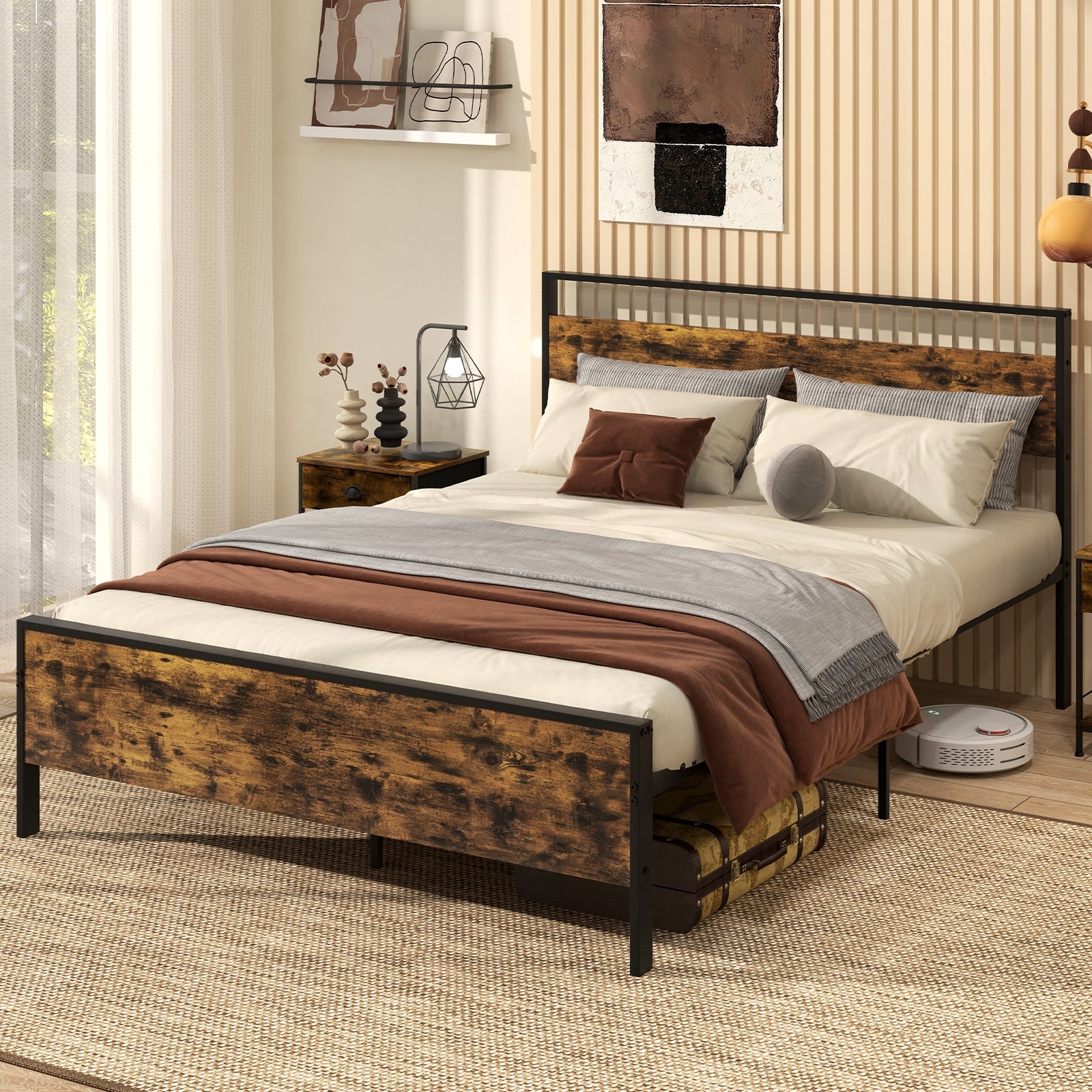 Queen Metal Bed Frame, Wooden Headboard, Rustic Brown Simple Bed Frame at Gallery Canada