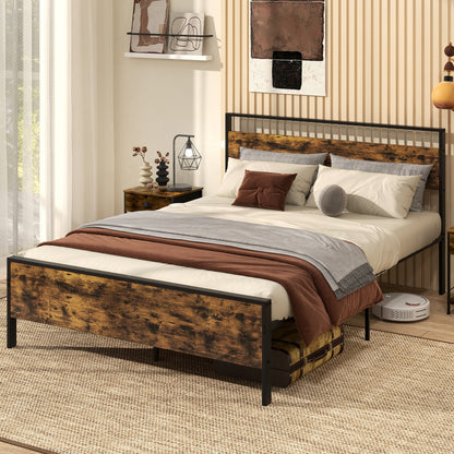 Queen Metal Bed Frame, Wooden Headboard, Rustic Brown Simple Bed Frame at Gallery Canada