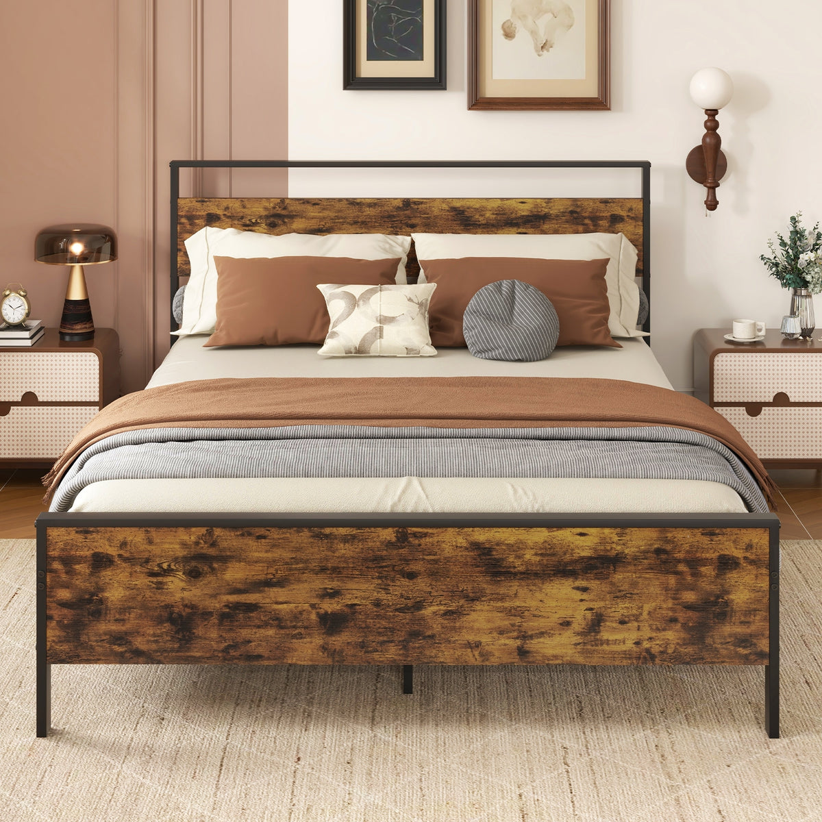 Queen Metal Bed Frame, Wooden Headboard, Rustic Brown Simple Bed Frame at Gallery Canada