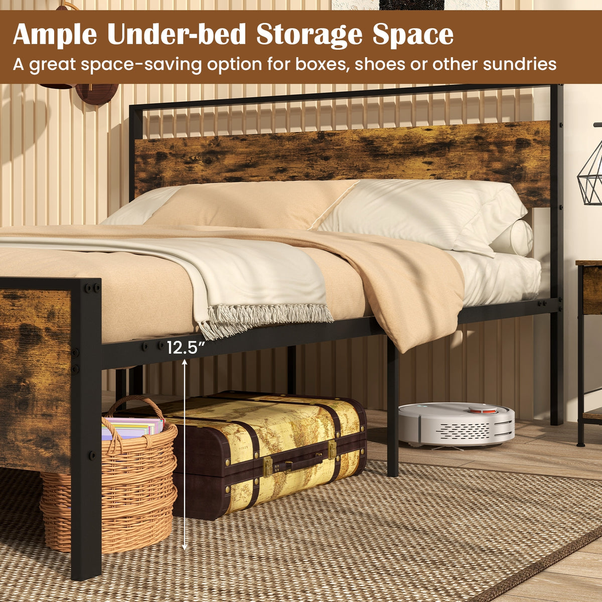 Queen Metal Bed Frame, Wooden Headboard, Rustic Brown Simple Bed Frame at Gallery Canada