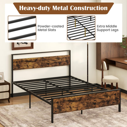 Queen Metal Bed Frame, Wooden Headboard, Rustic Brown Simple Bed Frame at Gallery Canada