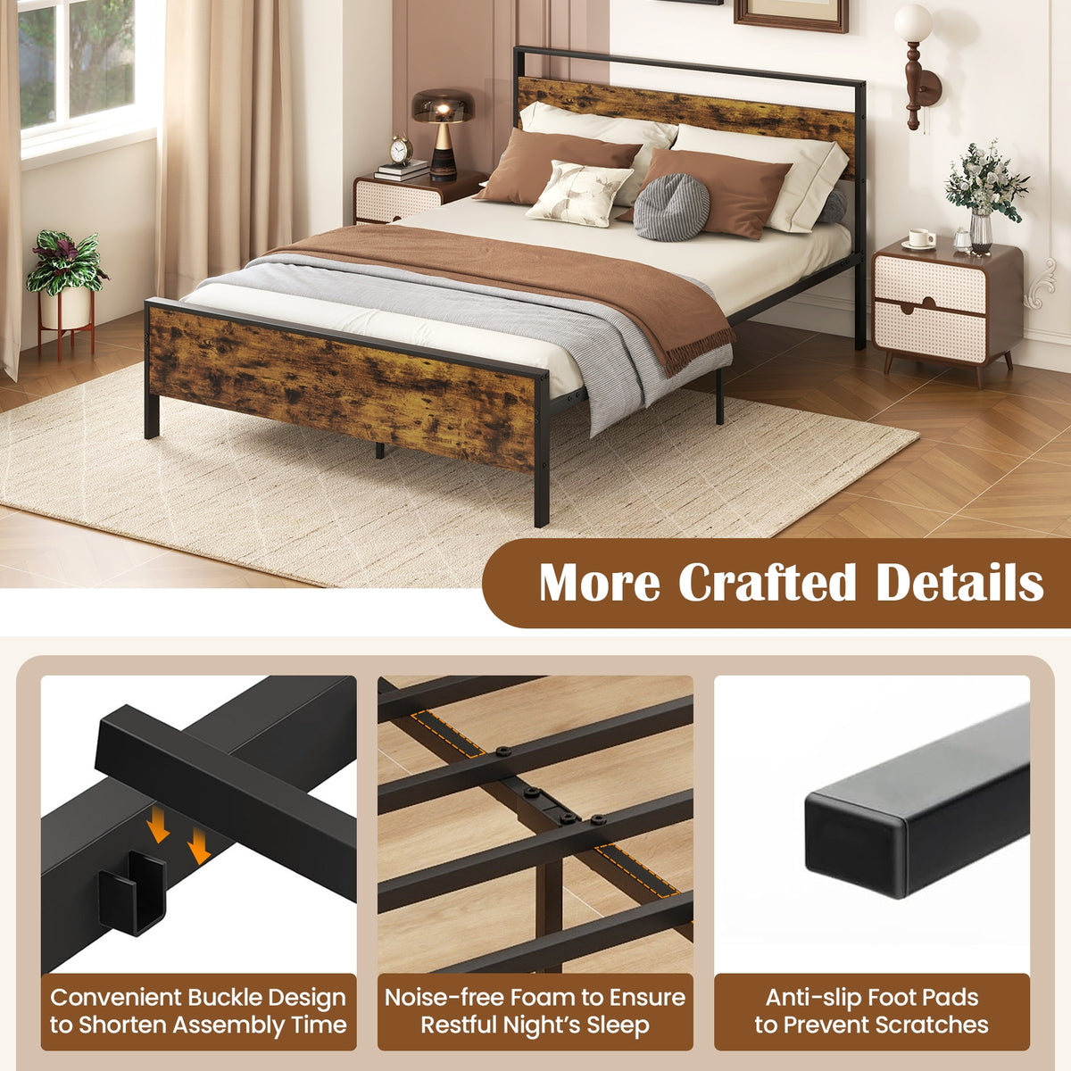 Queen Metal Bed Frame, Wooden Headboard, Rustic Brown Simple Bed Frame at Gallery Canada