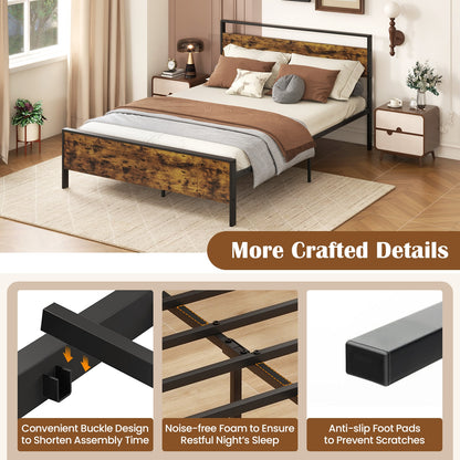 Queen Metal Bed Frame, Wooden Headboard, Rustic Brown Simple Bed Frame at Gallery Canada