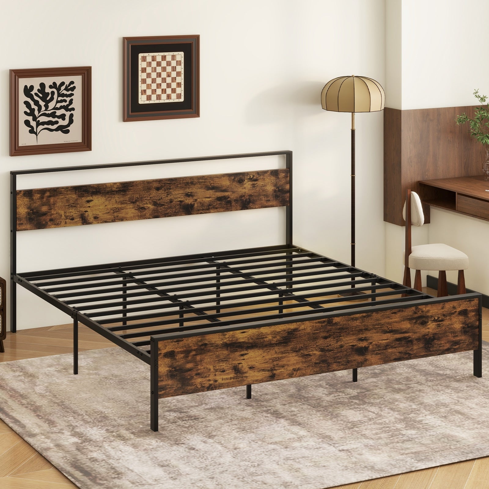 Industrial Platform Bed Frame With Wooden Headboard, King Size, Rustic Brown Simple Bed Frame at Gallery Canada