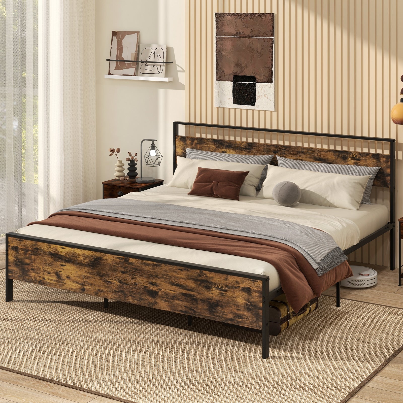 Industrial Platform Bed Frame With Wooden Headboard, King Size, Rustic Brown Simple Bed Frame at Gallery Canada