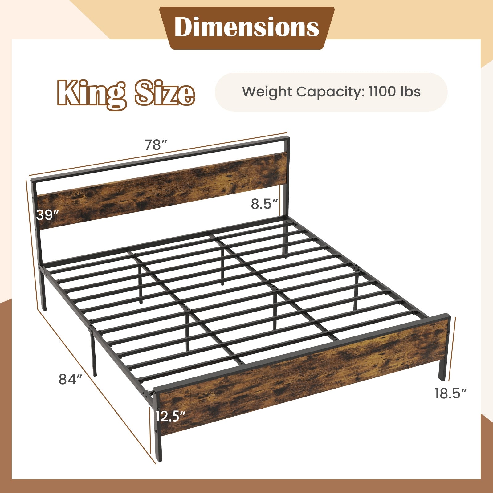 Industrial Platform Bed Frame With Wooden Headboard, King Size, Rustic Brown Simple Bed Frame at Gallery Canada
