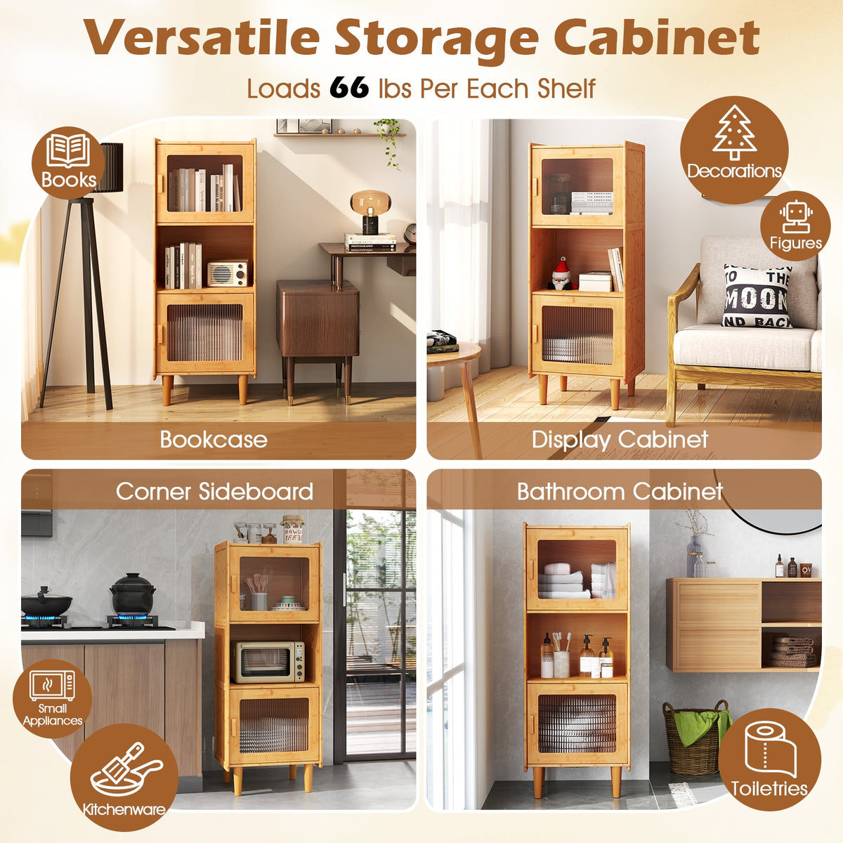 3-Cube Bamboo Storage Cabinet, Open Compartment, 2 Acrylic Doors, Natural Cabinets & Chests at Gallery Canada