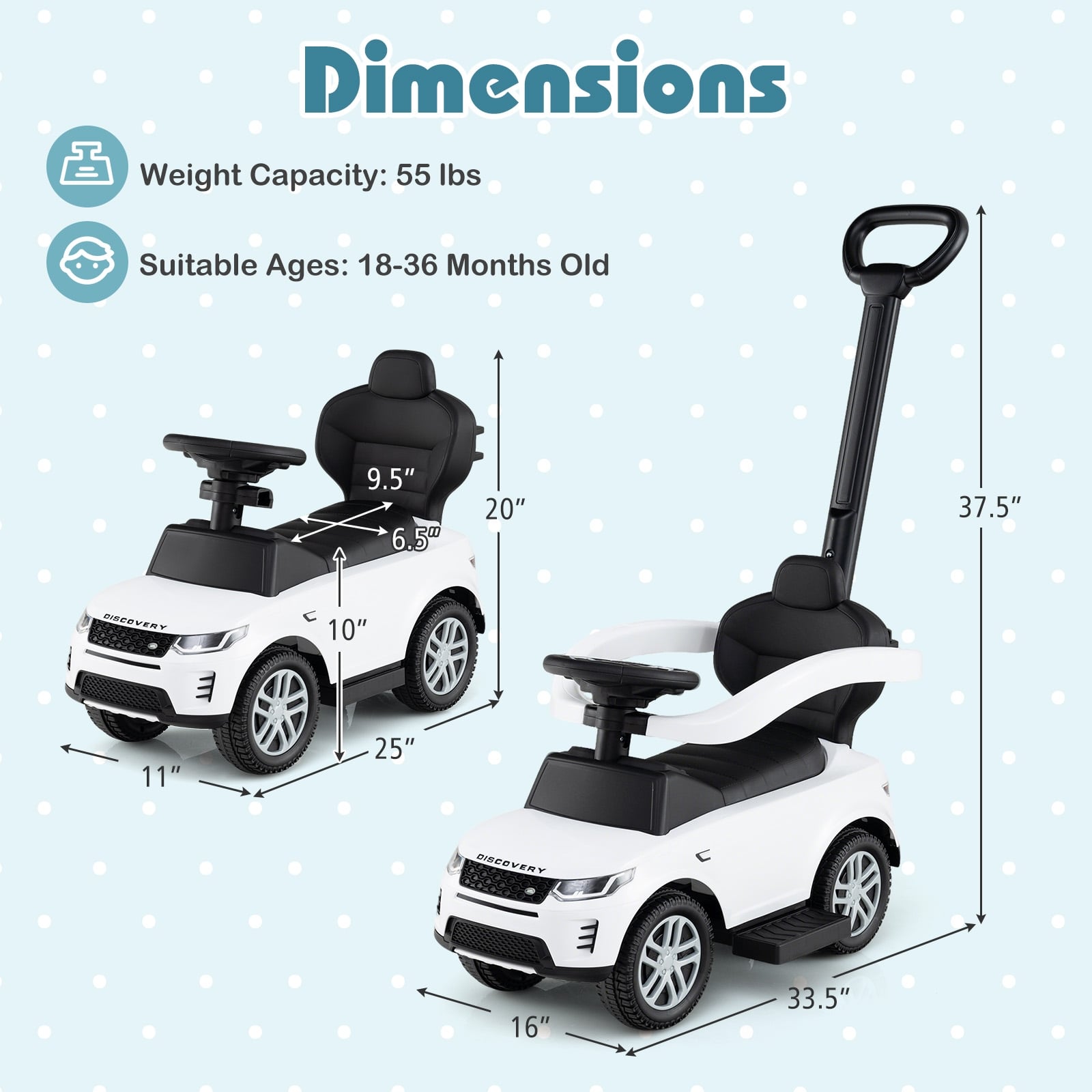 3 In 1 Push Car, Removable Handle, Guardrail, 18-36 Months, White Push & Pedal Ride On Toys at Gallery Canada