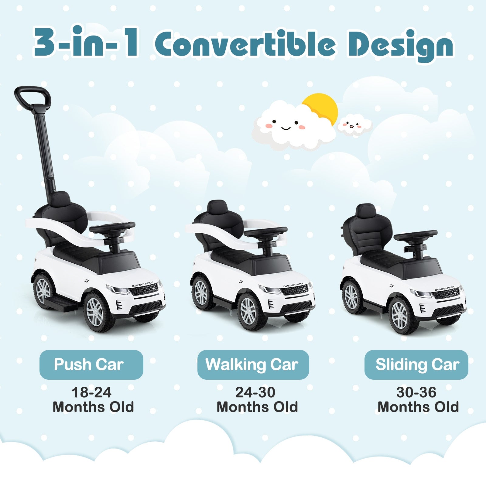 3 In 1 Push Car, Removable Handle, Guardrail, 18-36 Months, White Push & Pedal Ride On Toys at Gallery Canada