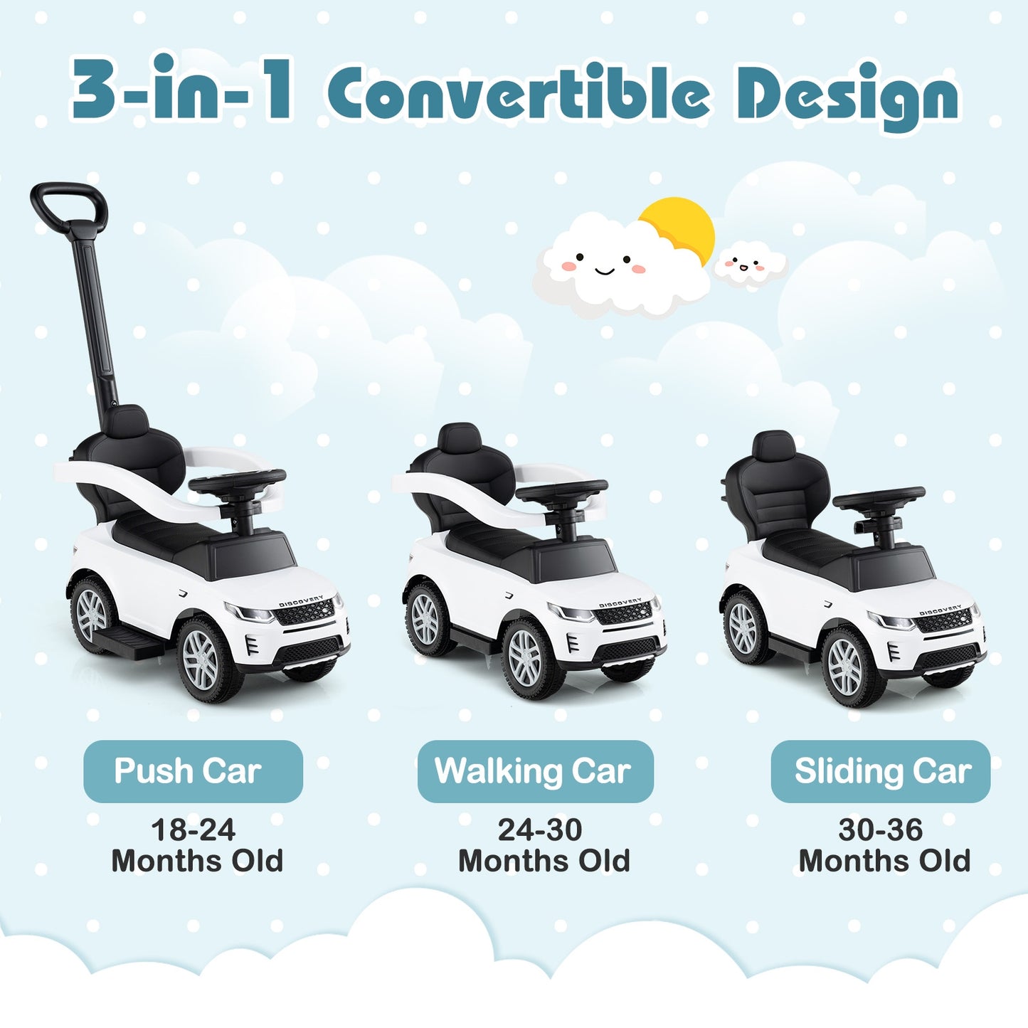 3 In 1 Push Car, Removable Handle, Guardrail, 18-36 Months, White Push & Pedal Ride On Toys at Gallery Canada