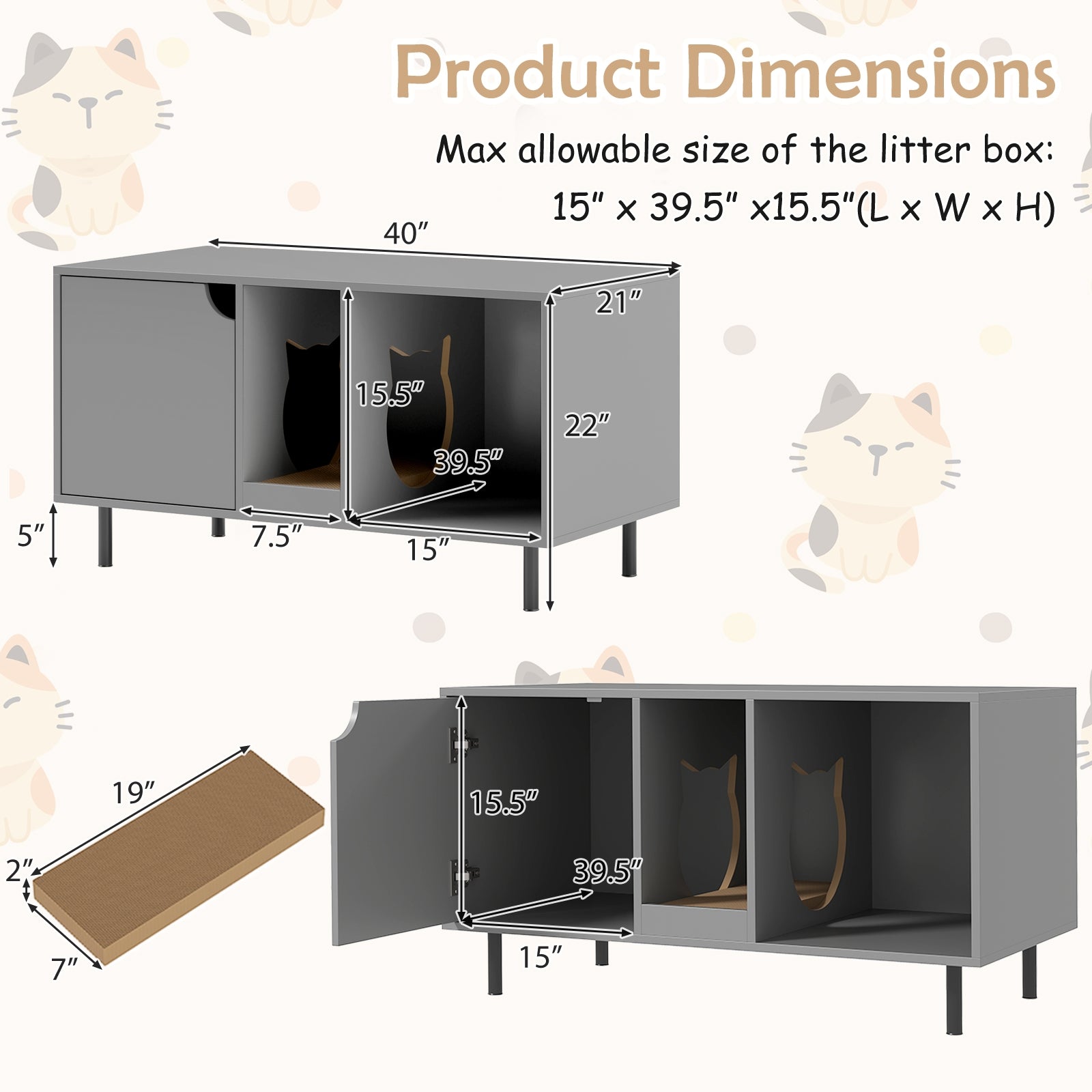 40 Inch Cat Litter Box Enclosure For 2 Cats, Gray Cat Houses at Gallery Canada