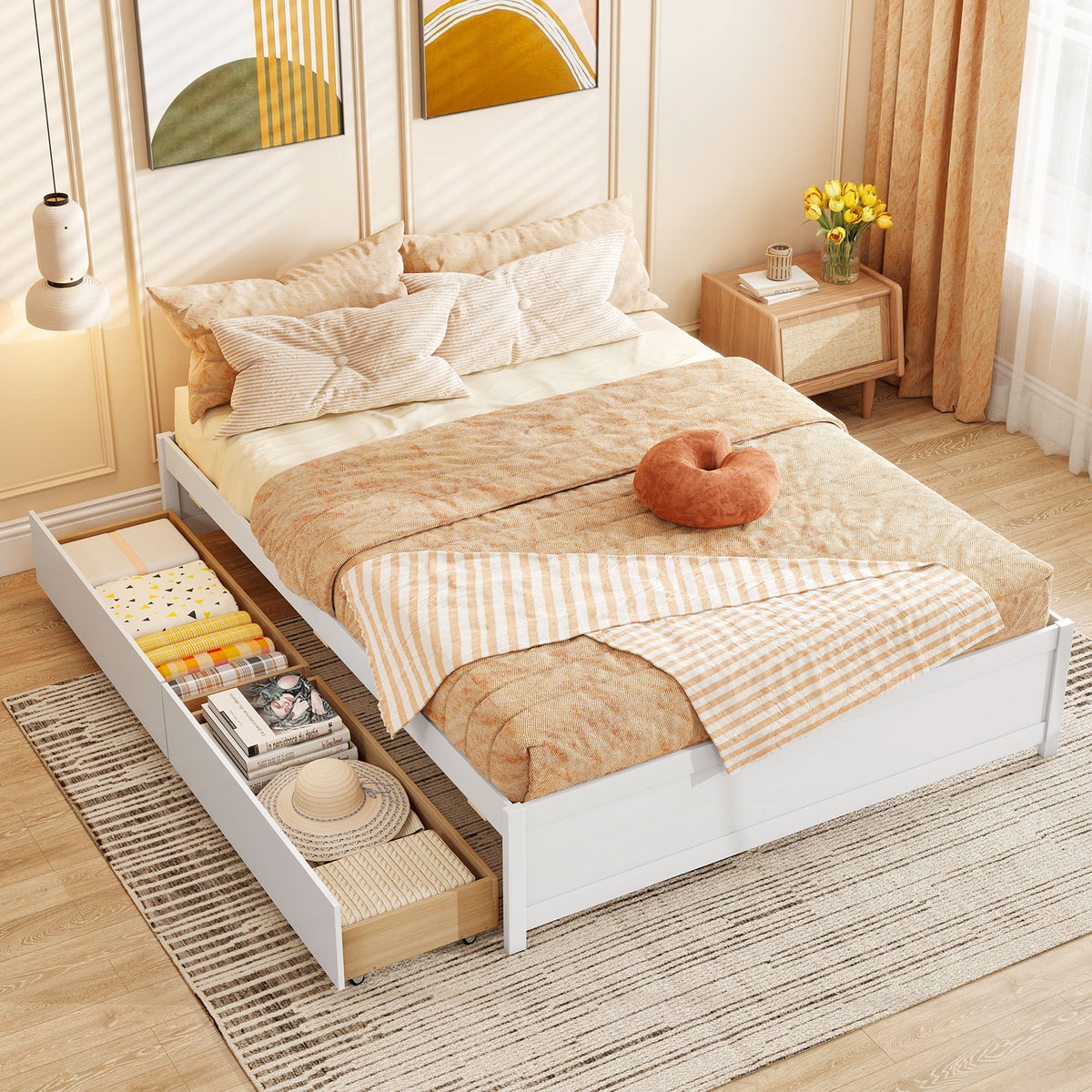 Queen Size Bed Frame, 2 Rolling Storage Drawers, White Trundle Bed Frame at Gallery Canada