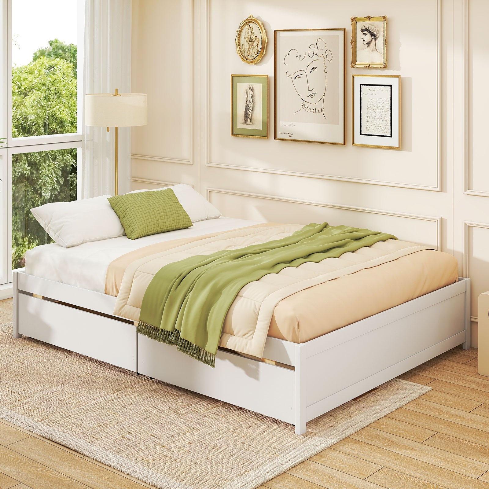 Queen Size Bed Frame, 2 Rolling Storage Drawers, White Trundle Bed Frame at Gallery Canada