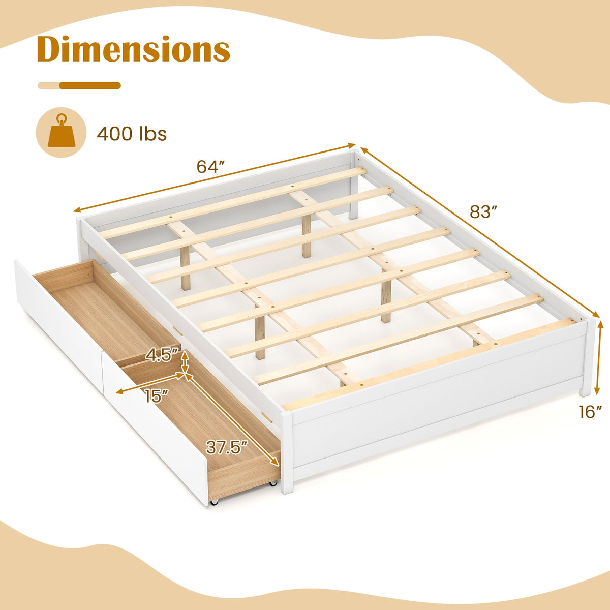 Queen Size Bed Frame, 2 Rolling Storage Drawers, White Trundle Bed Frame at Gallery Canada