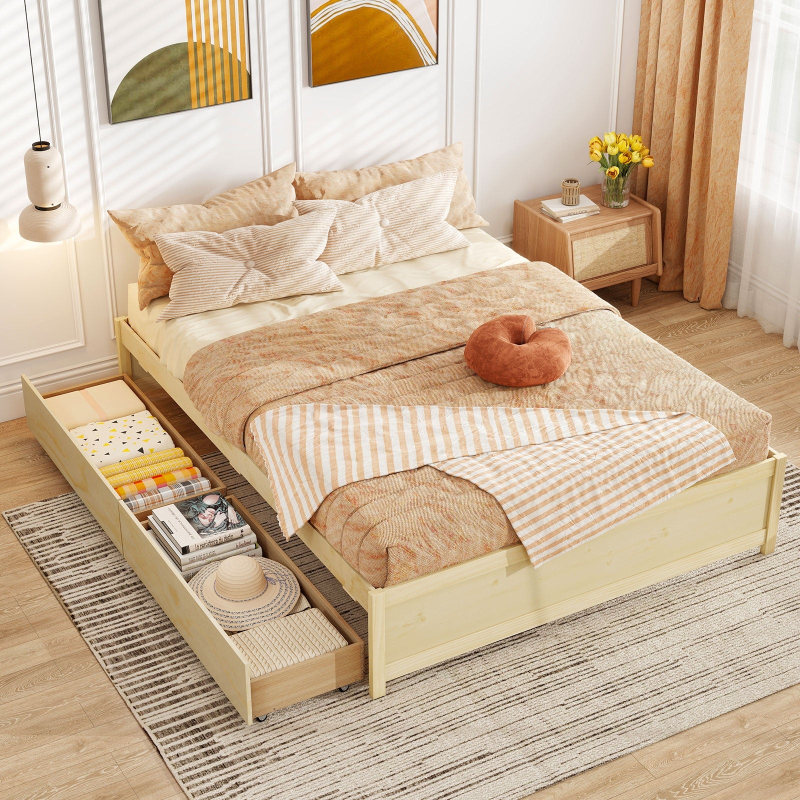 Queen Size Bed Frame, 2 Rolling Storage Drawers, Natural Trundle Bed Frame at Gallery Canada