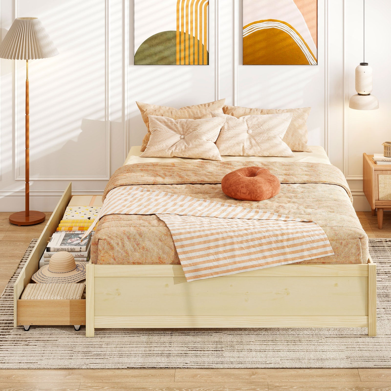 Queen Size Bed Frame, 2 Rolling Storage Drawers, Natural Trundle Bed Frame at Gallery Canada