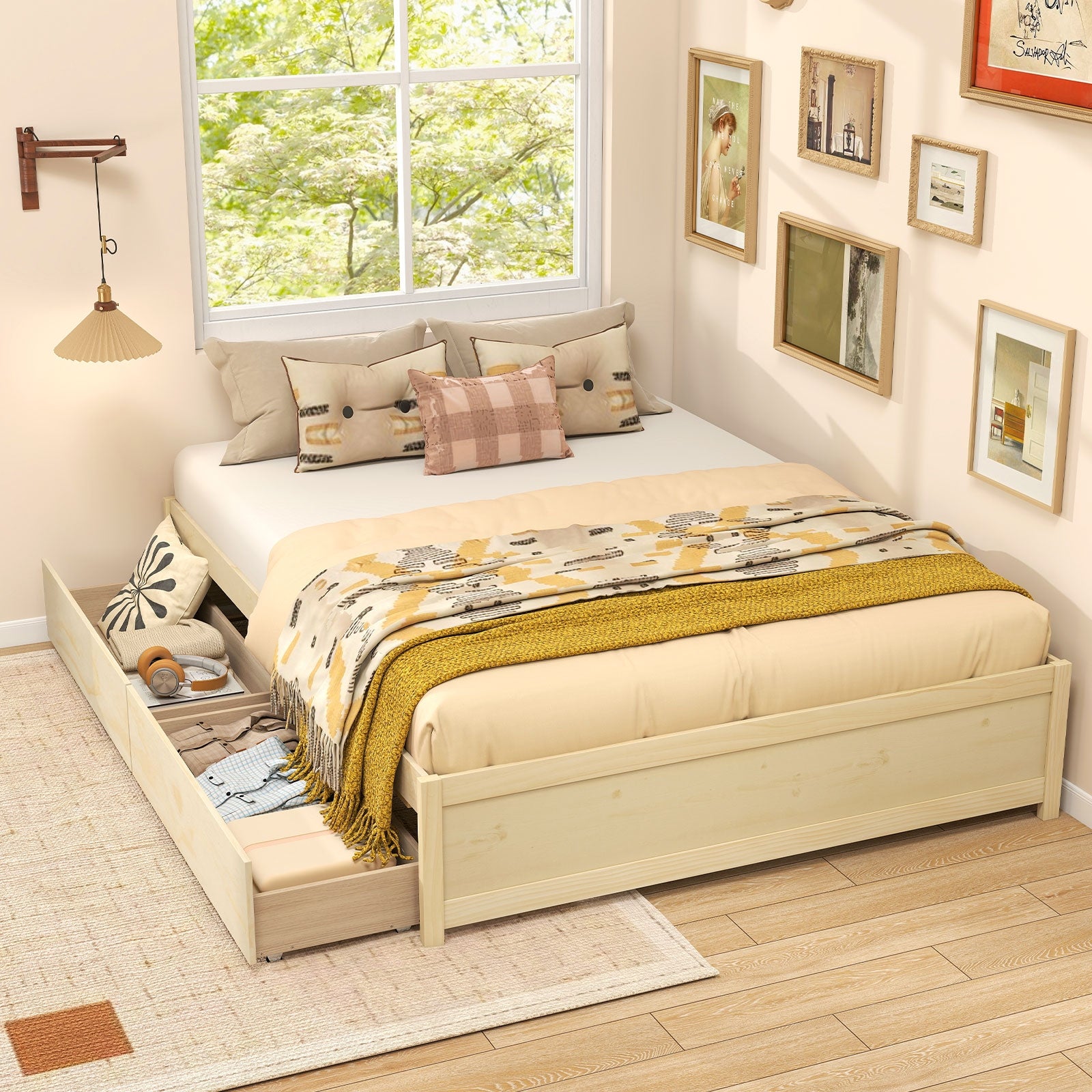 Queen Size Bed Frame, 2 Rolling Storage Drawers, Natural Trundle Bed Frame at Gallery Canada