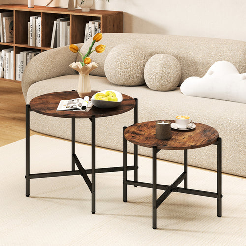 Round Coffee Table Set, Heavy-Duty Metal Frame, Rustic Brown
