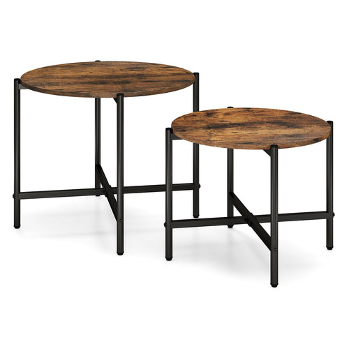 Round Coffee Table Set, Heavy-Duty Metal Frame, Rustic Brown