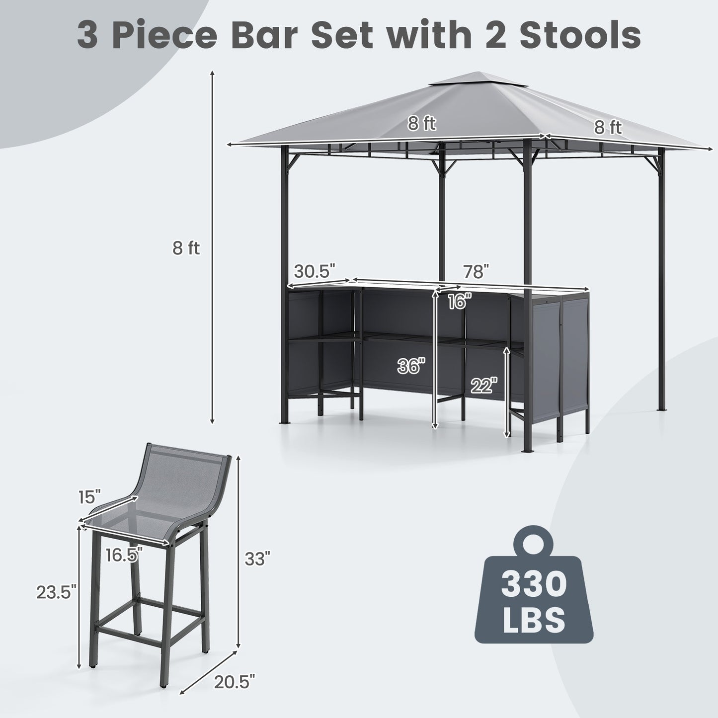 3-Piece Patio Bar Set, 8 x 8 FT Double-Tier Grill Gazebo, Gray Patio Bar Furniture at Gallery Canada