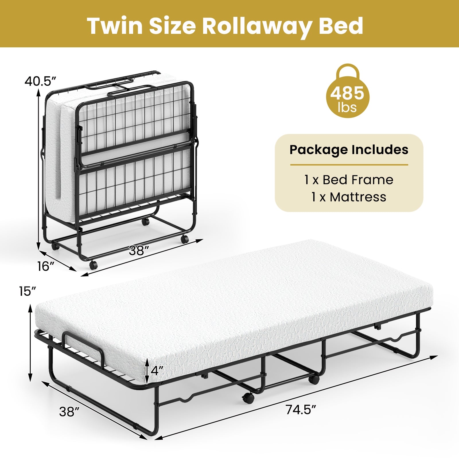 Twin Size Folding Bed, Memory Foam Mattress, Heavy-Duty Metal Frame Folding Beds at Gallery Canada