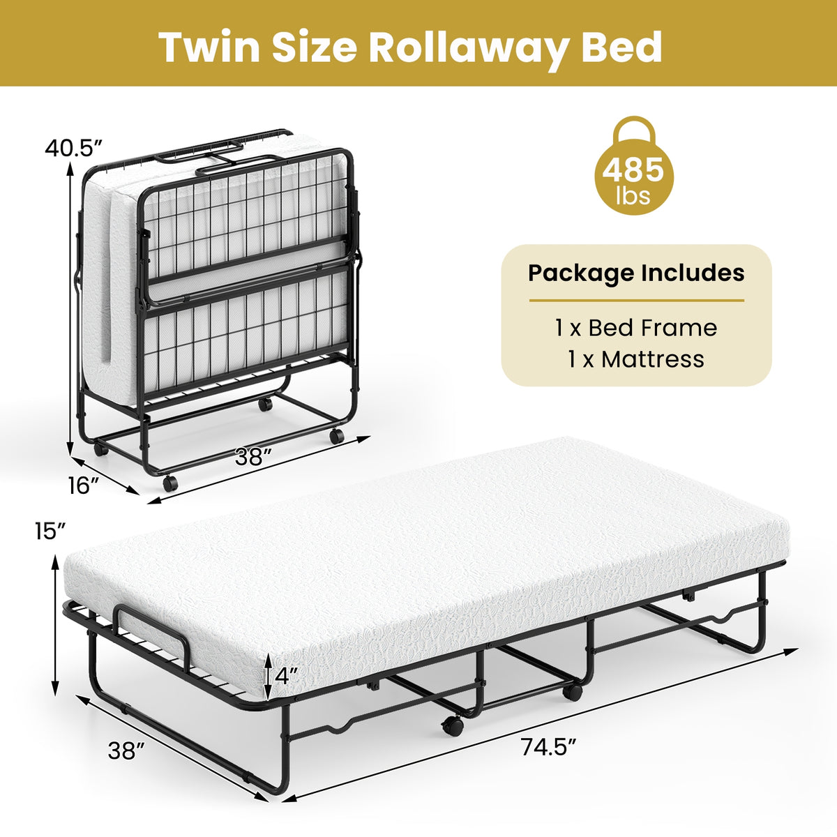 Twin Size Folding Bed, Memory Foam Mattress, Heavy-Duty Metal Frame Folding Beds at Gallery Canada