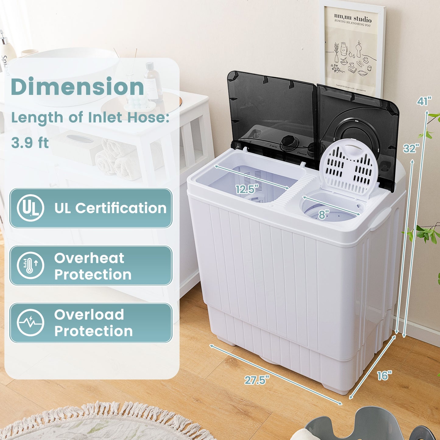 26 lbs Semi-Automatic Twin Tub Washing Machine, Black Washing Machines at Gallery Canada