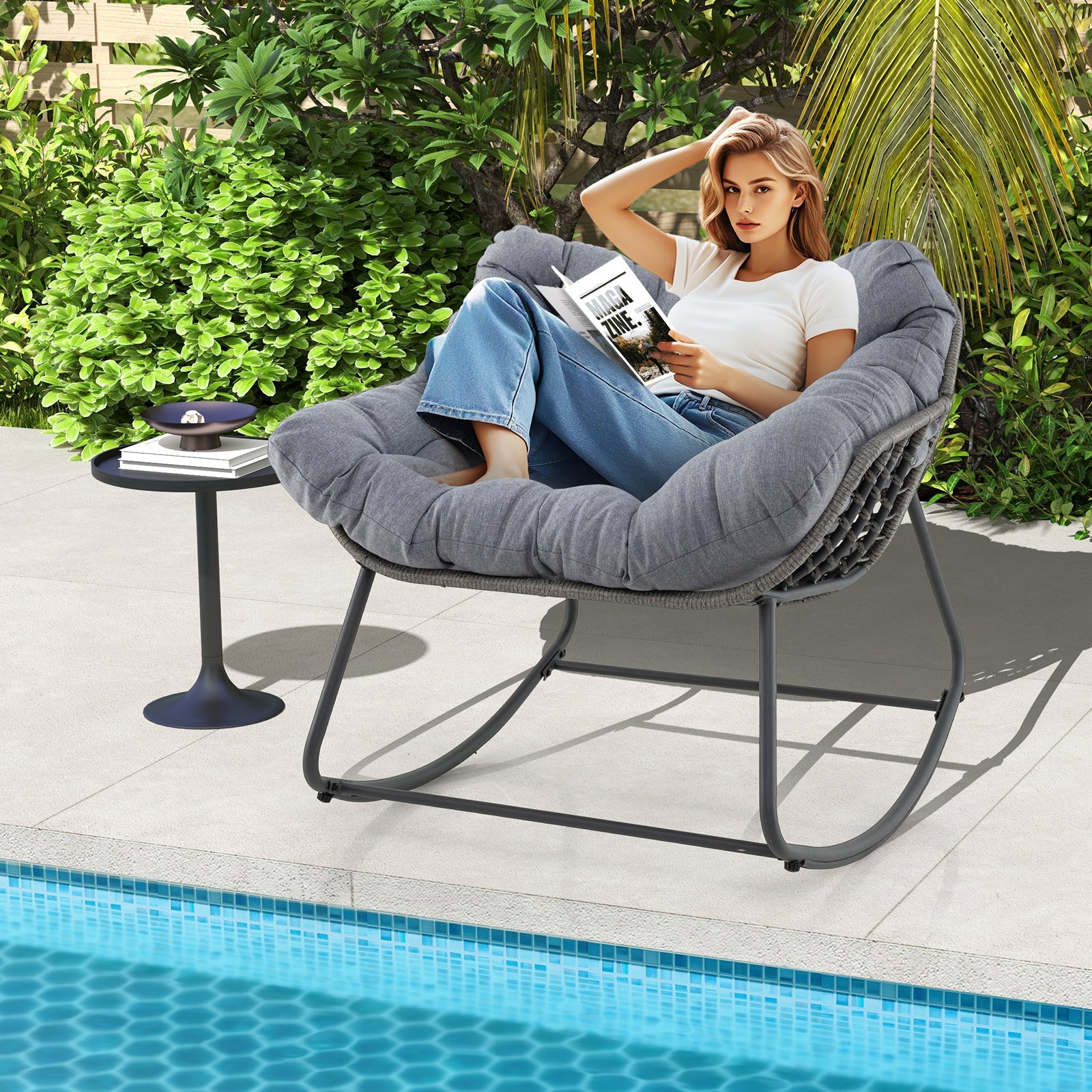 Oversized Patio Rocking Chair, PE Wicker Egg Chair With Cushion, Gray Patio Rocking Chairs & Gliders at Gallery Canada